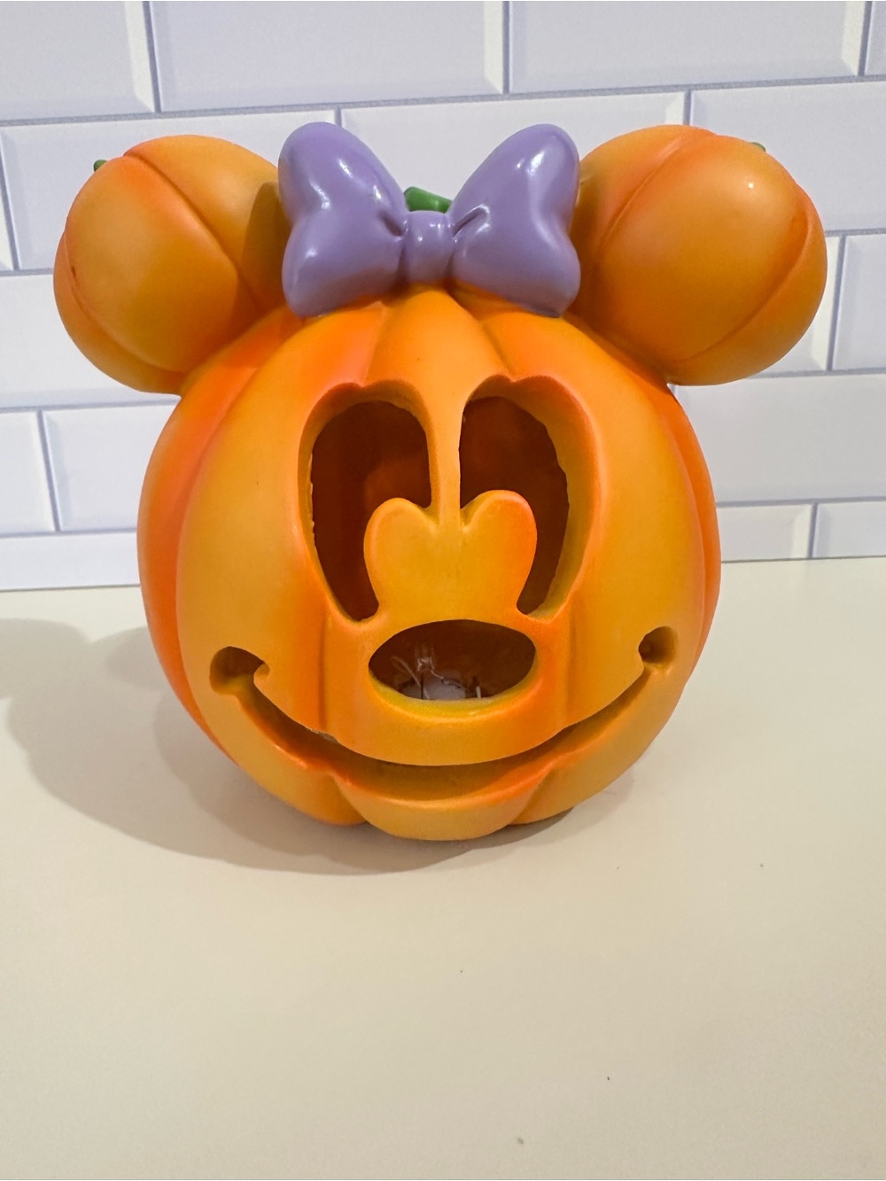 Disney Orange Pumpkin Minnie Jack‑O‑Lantern with Purple Bow